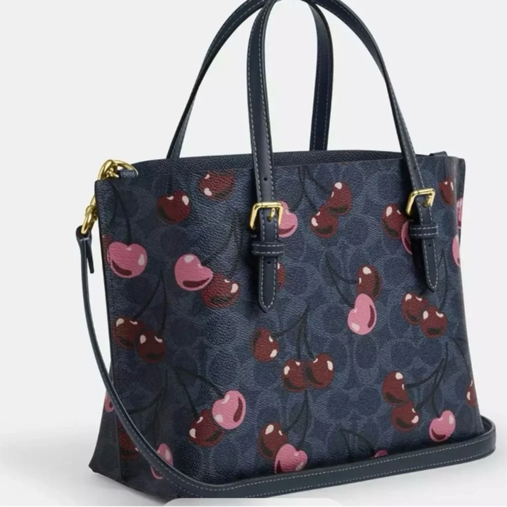 Coach Mollie Tote Bag 25 In Signature Canvas Blue With Cherry Print (CZ772) - Picture 4 of 5
